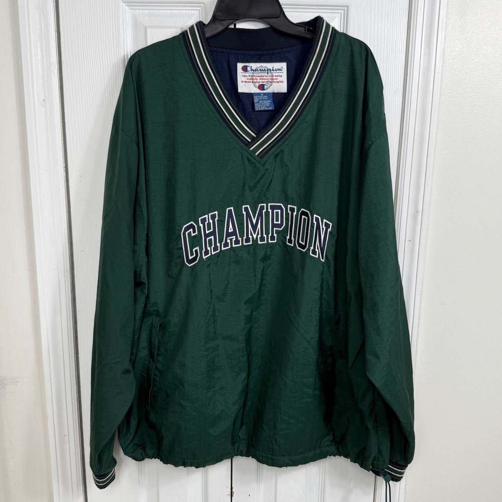 Vintage 90s Champion Windbreaker Mens XL Green V Neck Spellout Pullover Jacket